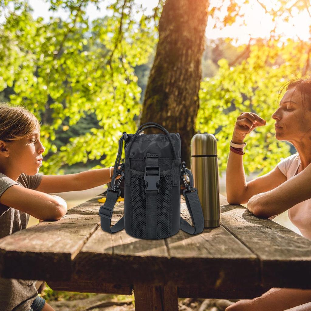 Portable Insulated Water Bottle Holder With Adjustable Strap And Mesh Side Pocket For Outdoor Hiking Camping Travel