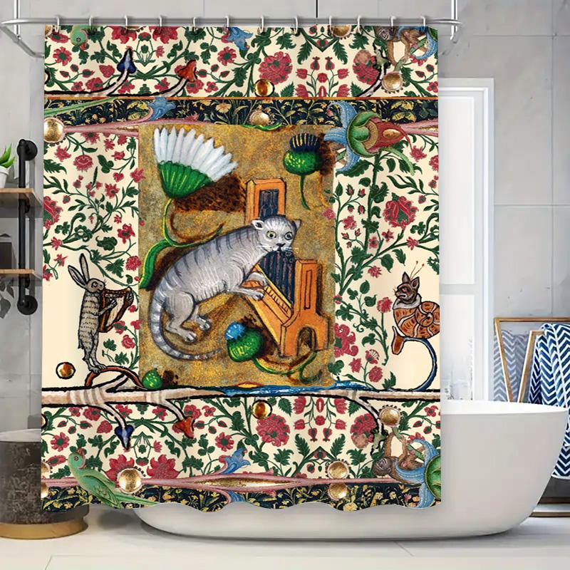 

Luxury Vintage Decorative Shower Curtain Featuring A Medieval Manuscript Style Cat And Flower Garden Pattern With Golden Accent W60H190(CM)-1 Pcs