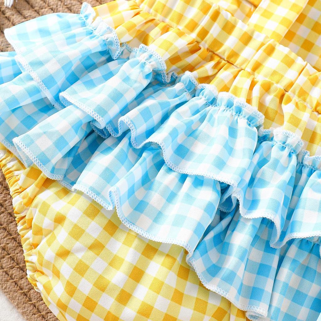 Baby Girl Cute Duck Patch Embroidered Plaid Romper - 1st Birthday Crawling Suit