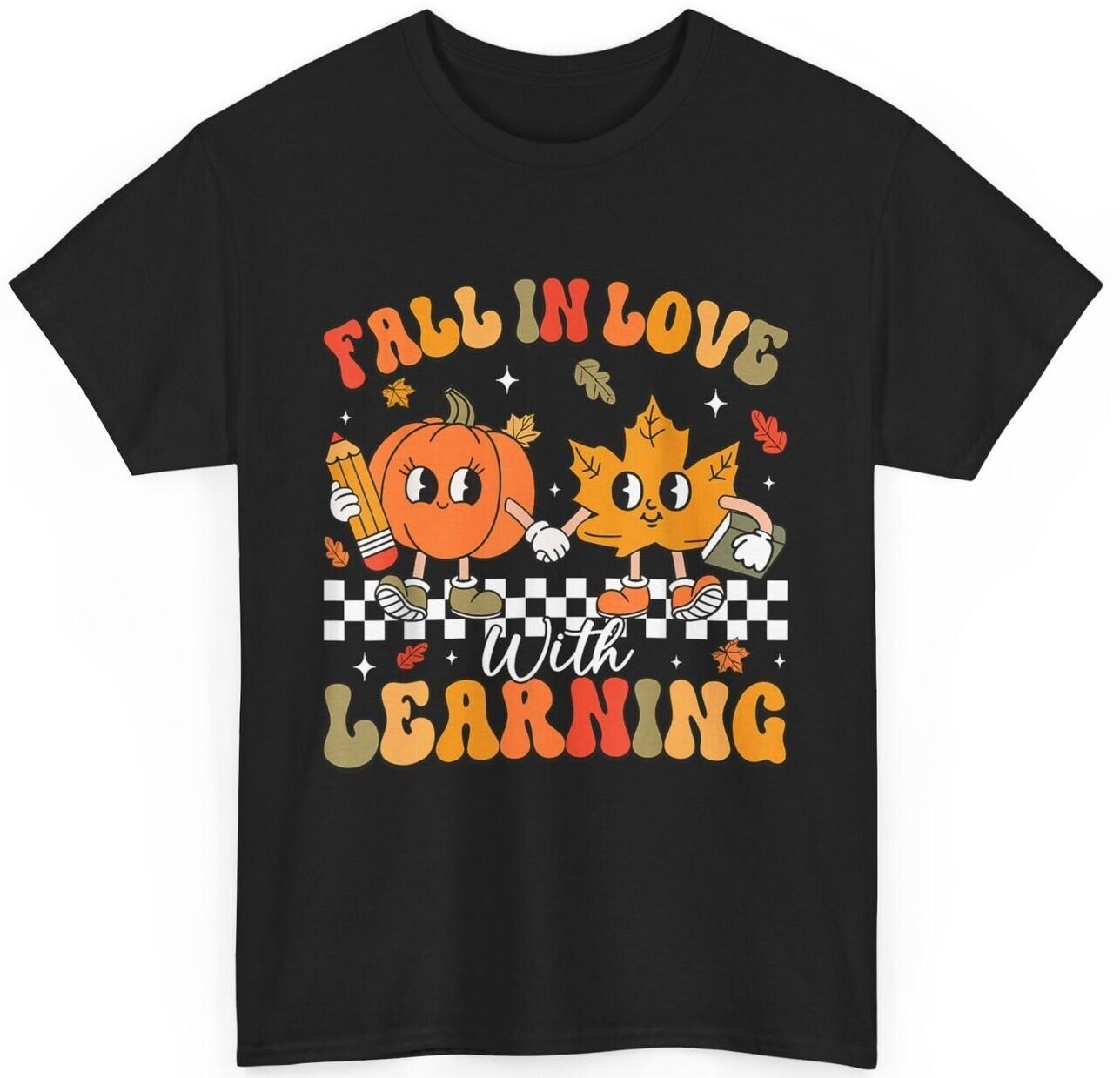Retro Fall In Love With Learning Autumn Pumpkin Teacher T-shirt XXL