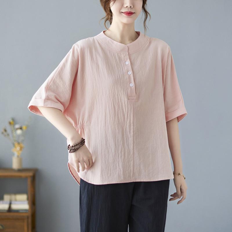 Koszula z bawełny i lnu w jednolitym kolorze, z półotwartym kołnierzykiem i rękawami w kształcie nietoperza, w dużym rozmiarze, damska, letnia koszula literacka