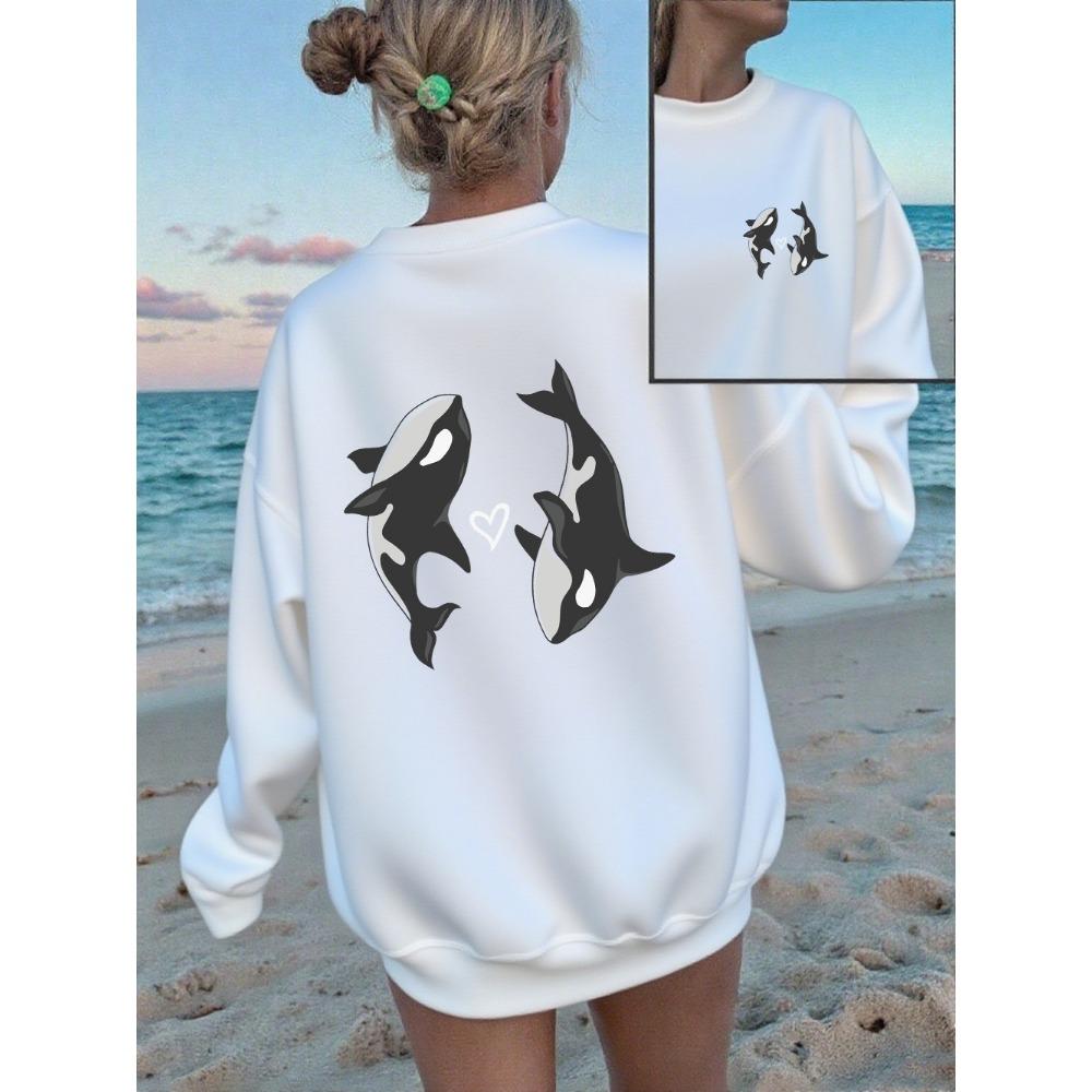

Dolphin Love Heart Prints Sweatshirts Women Winter Warm Hoodies Crewneck Loose Clothes Basics Sporty Woman Streetwear S
