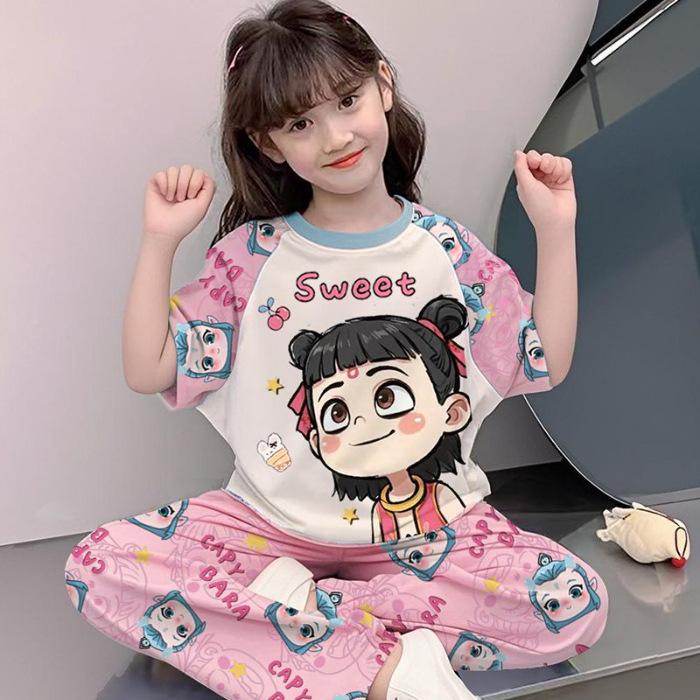 Girls Summer Cool Silk Pajama Set Short Sleeve Long Pants Cute Cartoon Sleepwear 90