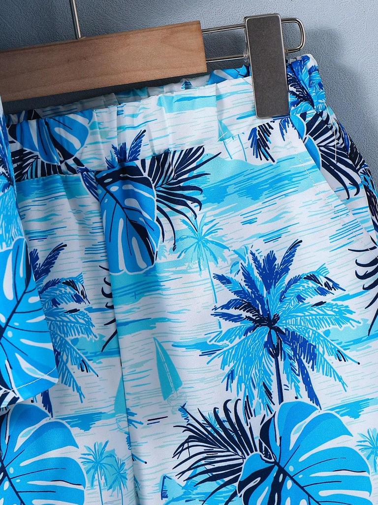 2-Piece Set for Boys' Casual Coconut Leaf Pattern Short-Sleeve Collared Shirt Jacket and Matching Shorts - Hawaii Aloha Shirt Spring/Summer Collection