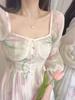 Blumiges Chiffon-Kleid mit quadratischem Ausschnitt und Puffärmeln Damen Sommer Gefühl Lange Taille Fee Fee Rock