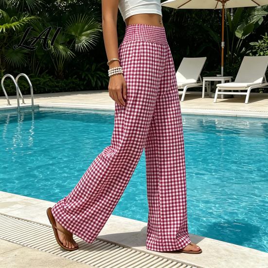 Women Casual Pants Striped Wide Leg Pants Summer Elastic Waist Breathable Trousers Loose Fit Palazzo with Pockets Daily Wear