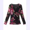 Autumn Printed Cross V-neck Long-sleeved Temperament All-match Large Size Long-sleeved Mesh Bottoming Shirt