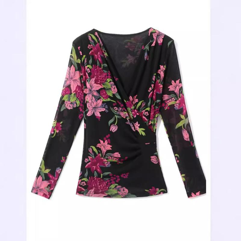 Autumn Printed Cross V-neck Long-sleeved Temperament All-match Large Size Long-sleeved Mesh Bottoming Shirt