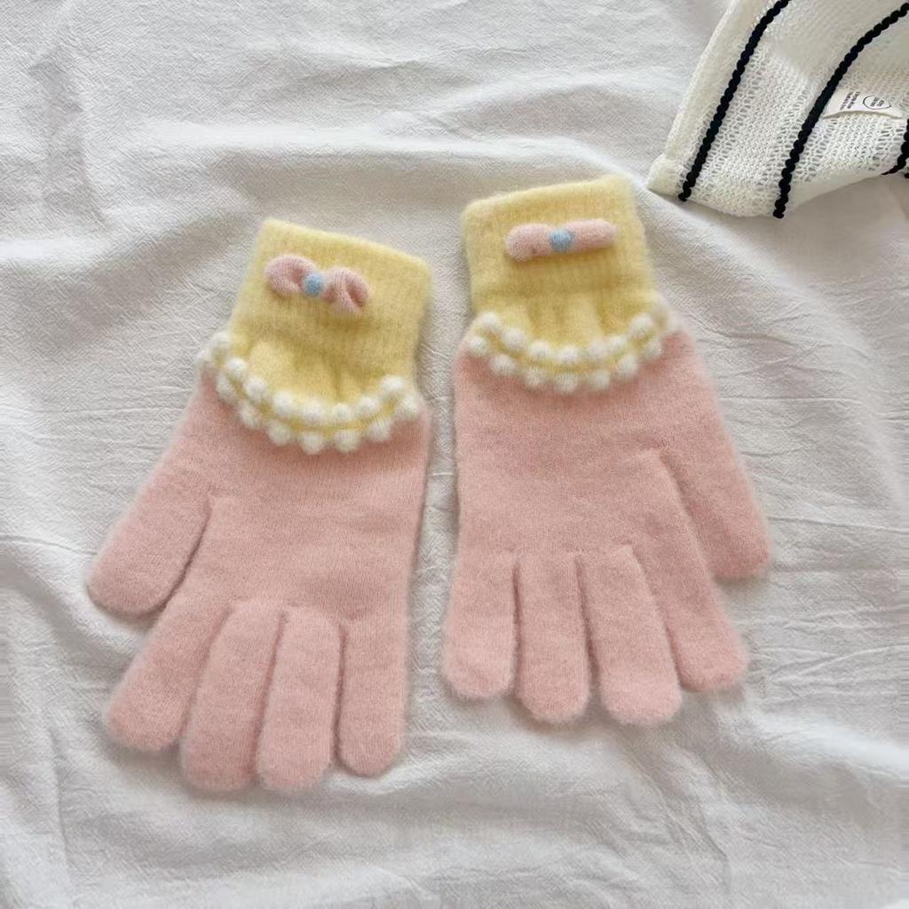 Cute Blue Plush Knitted Five Finger Gloves for Women in Autumn and Winter Warm and Velvet Thickening New Style for Cycling and Cold Protection