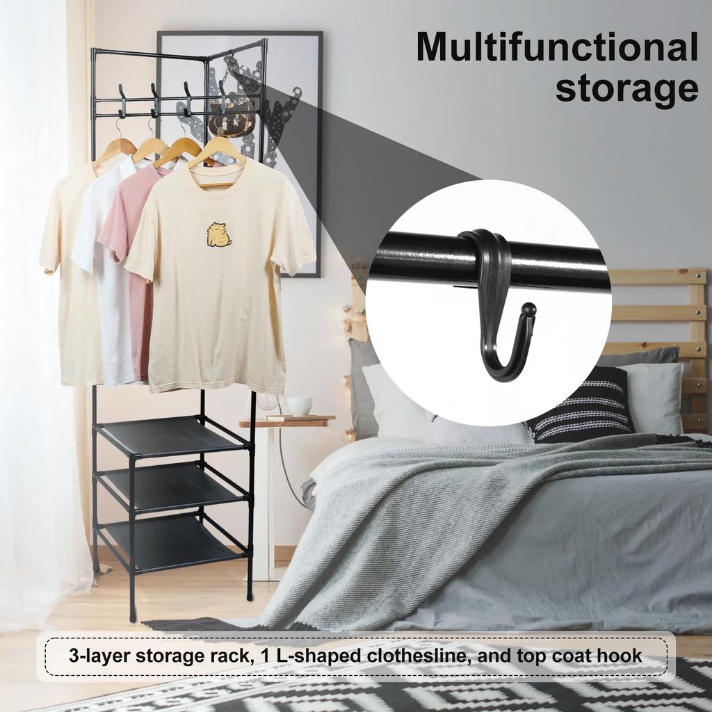 Rohový věšák na oblečení do ložnice Samostatný stojan na kabáty se 3patrovým botníkem, úložným prostorem a 10 pohyblivými háčky Kovový organizér