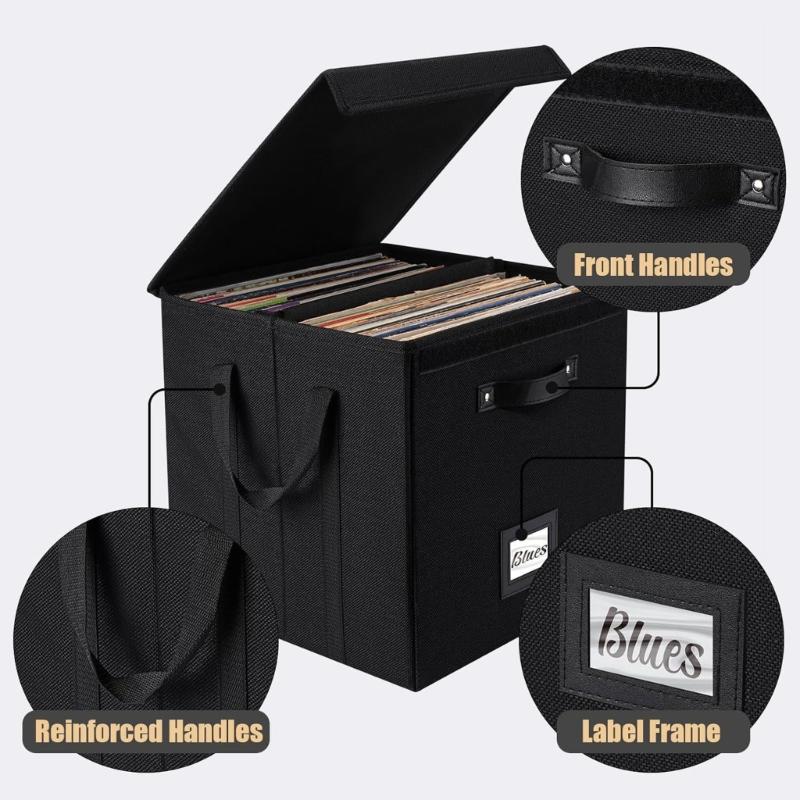 Record Album Case Organizes 120Vinyls Secure Bottom Design Easy Carry Handle Storage Box Adjustable Divider Design