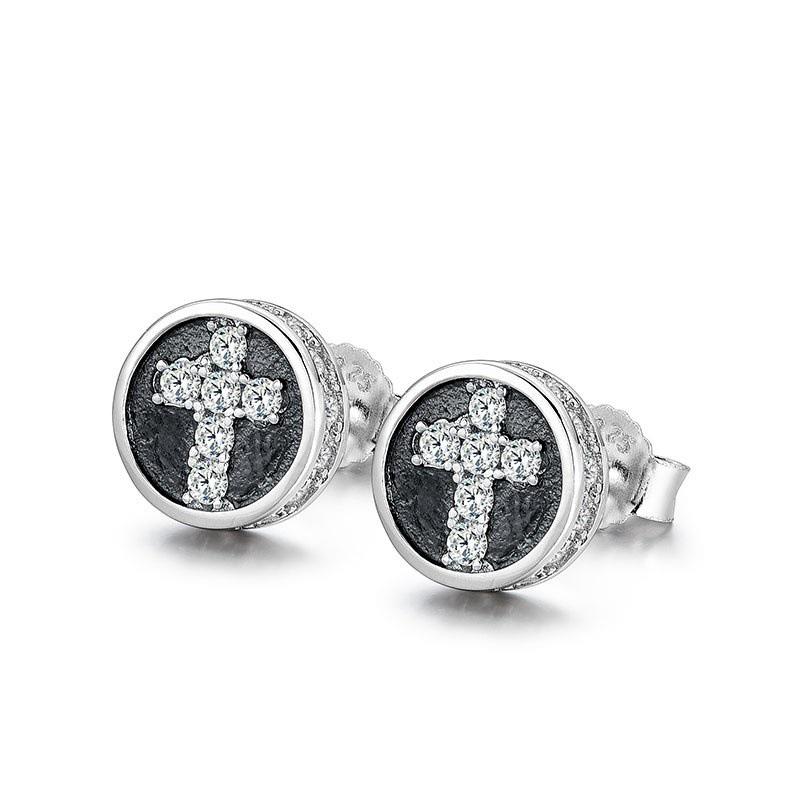 

Чоловіча сережка-пусета у вигляді хреста з чорним діамантом зі стерлінгового срібла 925 проби, унікальний трендовий дизайн