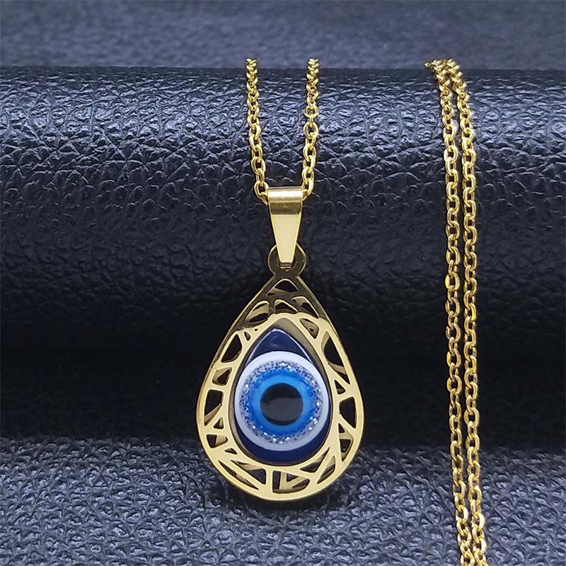 Turkish Evil Eye Necklace Stainless Steel Silver Color Blue Lucky Eyes Water Drop Necklaces Jewelry Collier Femme N8366S01