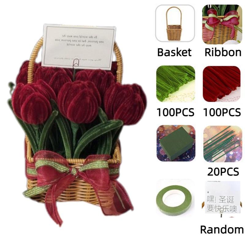 

Diy Handmade Tulip Rose Sunflower Bouquet Material Kit Chenille Stems Basket Set красный