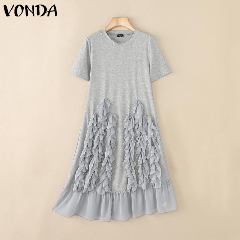 VONDA Women Round Neck Short Sleeve Irregular Ruffled Patchwork Casual Dress