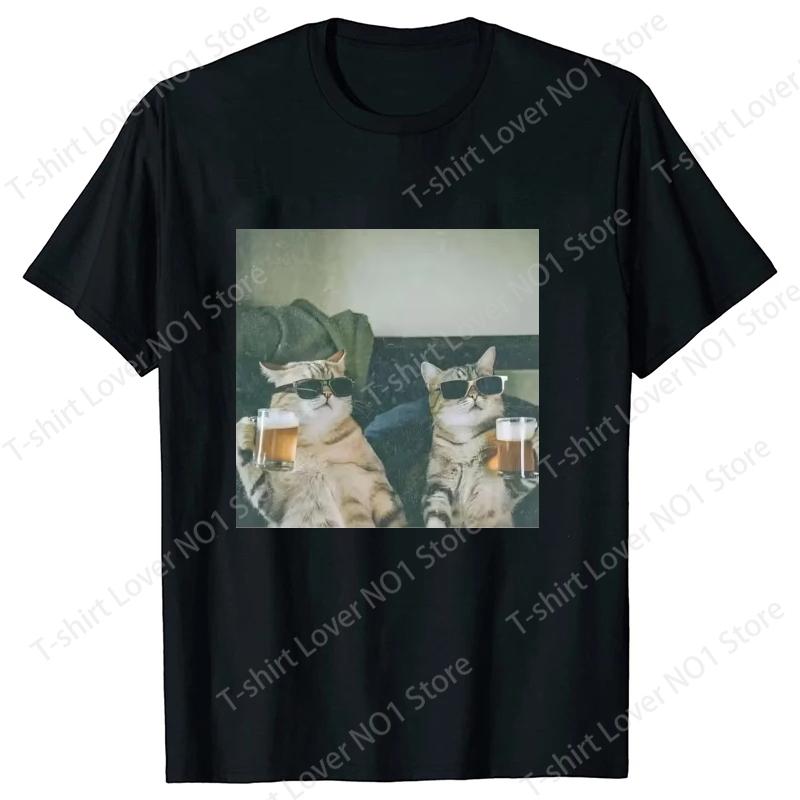 Funny Cool Cat Drinking Beer Tshirt Casual Short Sleeve T Shirt Unisex Women Clothes Harajuku Round Neck Unisexs Designer Tops