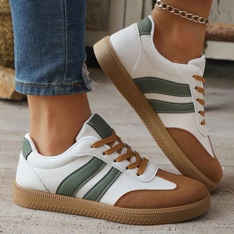 Concise Patchwork Sneakers Women Fashion Pu Leather Striped Sports Shoes Woman Low Top Lace Up Vulcanize Shoes Female for daily use