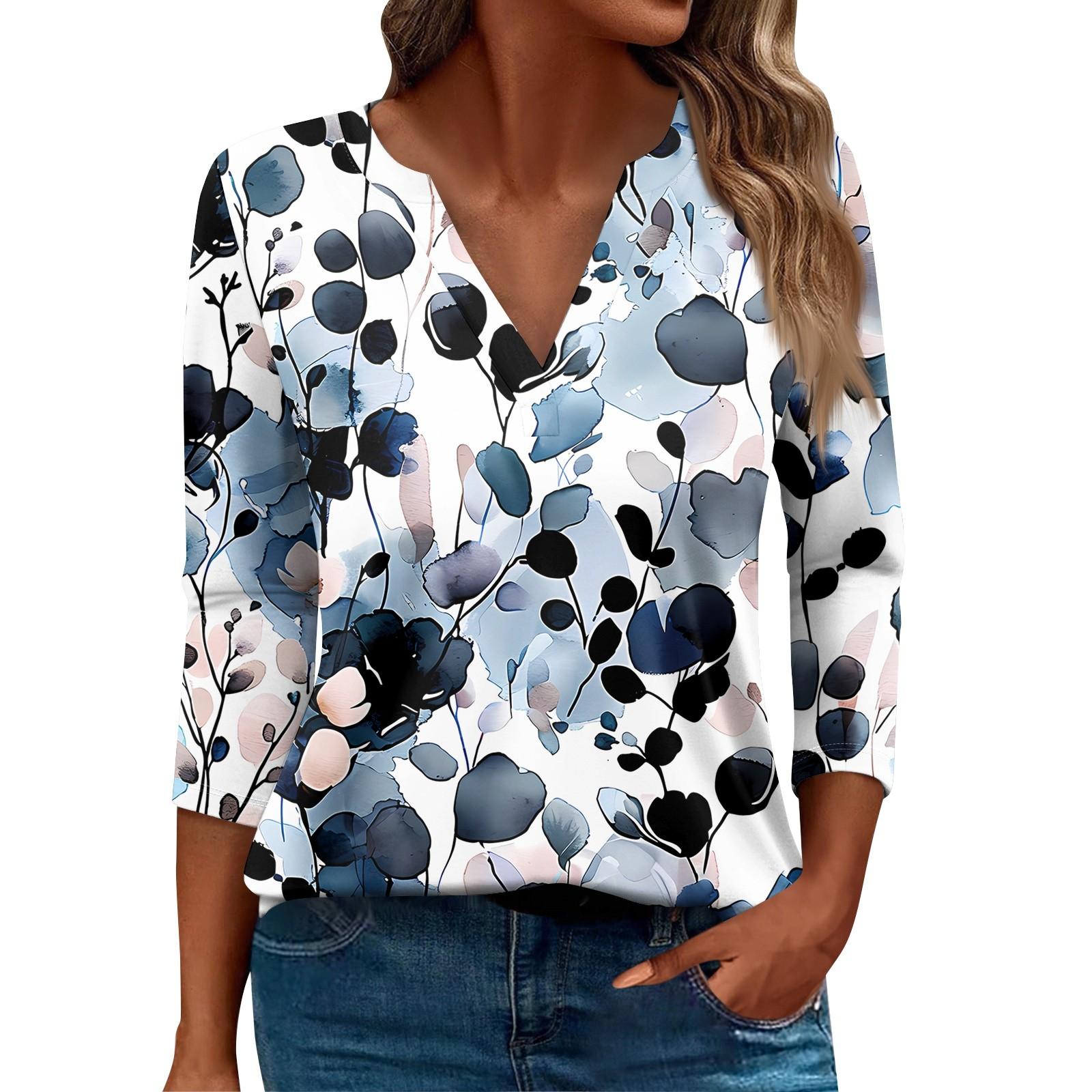 

Женская футболка Футболка с принтом Рукав 3/4 Повседневные Выходные Мода Базовый V-образный вырез Обычный топ L