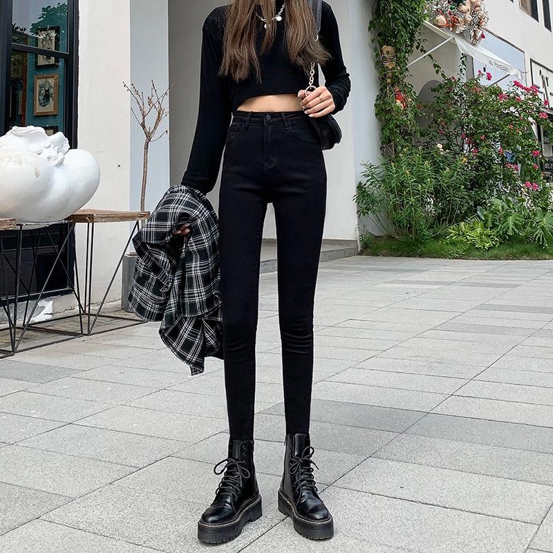 

2024 Autumn/Winter Women s High Waist Slim Grey Velvet Jeans - Slimming Pencil Pants for Petite Figures 30