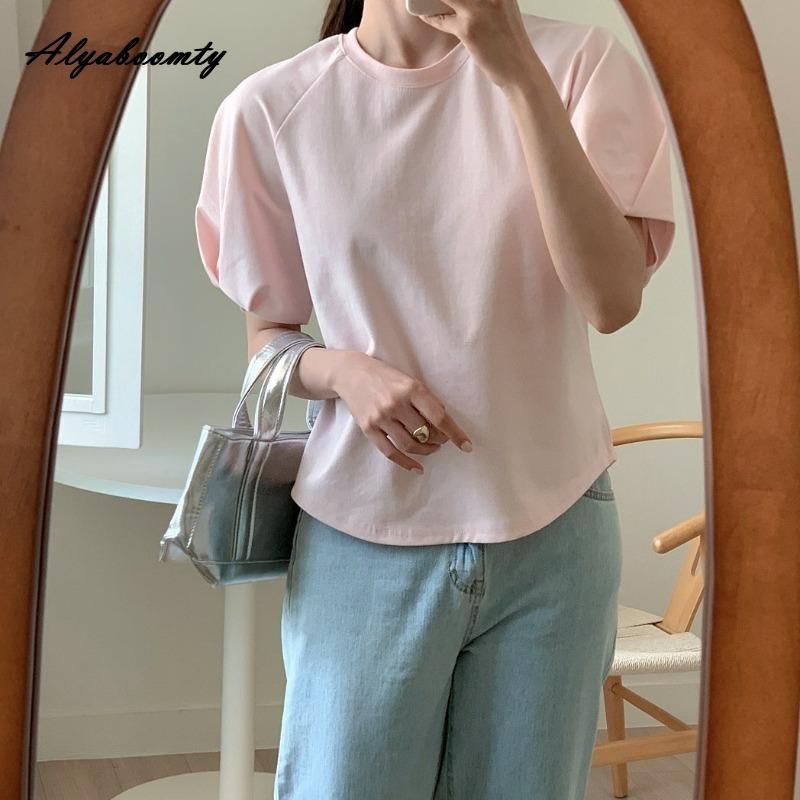 

Korean Fashion Summer Women Basic Simple T-Shirt O Neck White Black Pink Cotton Top Puff Sleeve Casual Loose Ladies Tee One Size рожевий