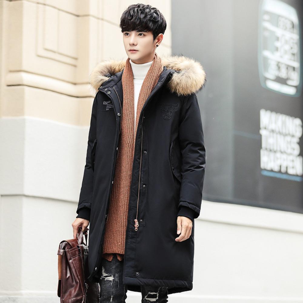 Winter down jacket men's medium and long men's and women's couple pie to overcome thickened warm youth hooded white duck down jacket men