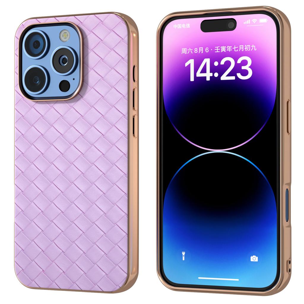 For iPhone 16 Pro Max Case Woven Texture Electroplating Edge Leather Coated PC+TPU Phone Cover