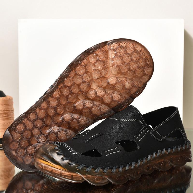 

New summer sandals men s leather beach shoes men s sandals casual trendy shoes hollow outdoor one-pedal driving shoes 38 чёрный