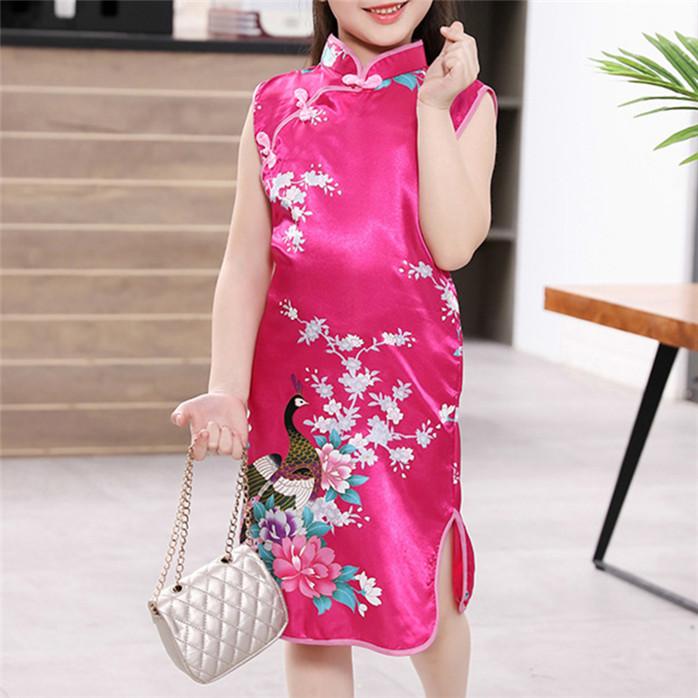 Girls Summer Cheongsam Chinese Style Qipao Dress for Kids Traditional Embroidery Silk Feel Party Costume for Chinese New Year Birthday