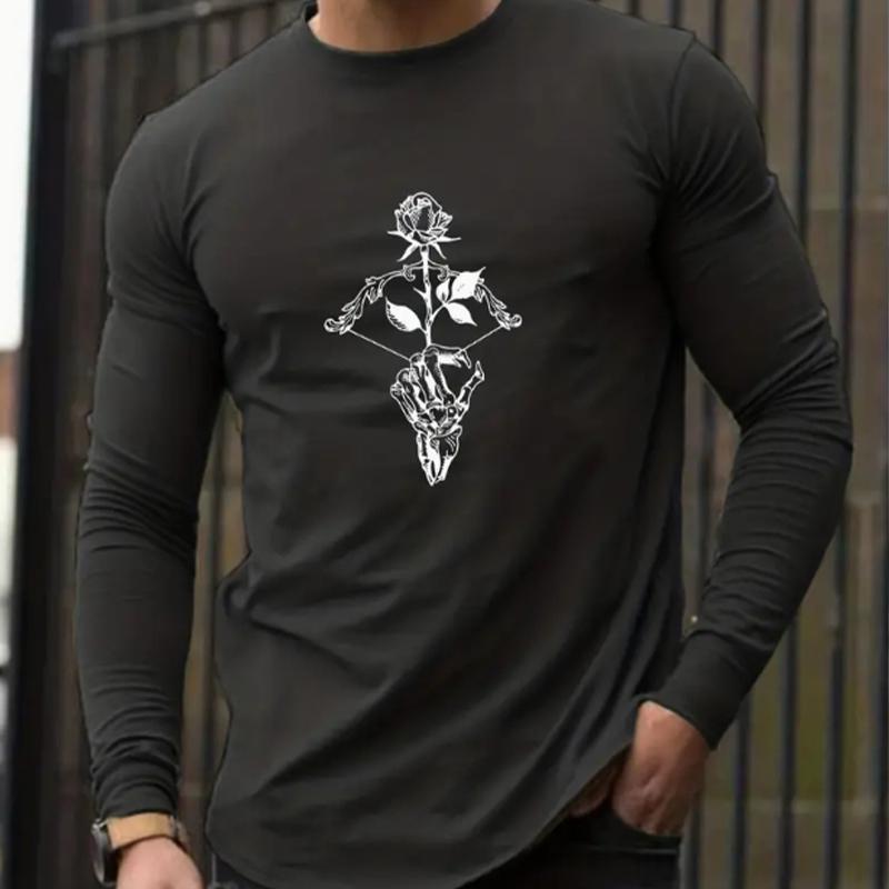

Мужские футболки с принтом «Роза и буквы», футболки с длинным рукавом и круглым вырезом, повседневные свитера, мужская одежда больших размеров 8XL