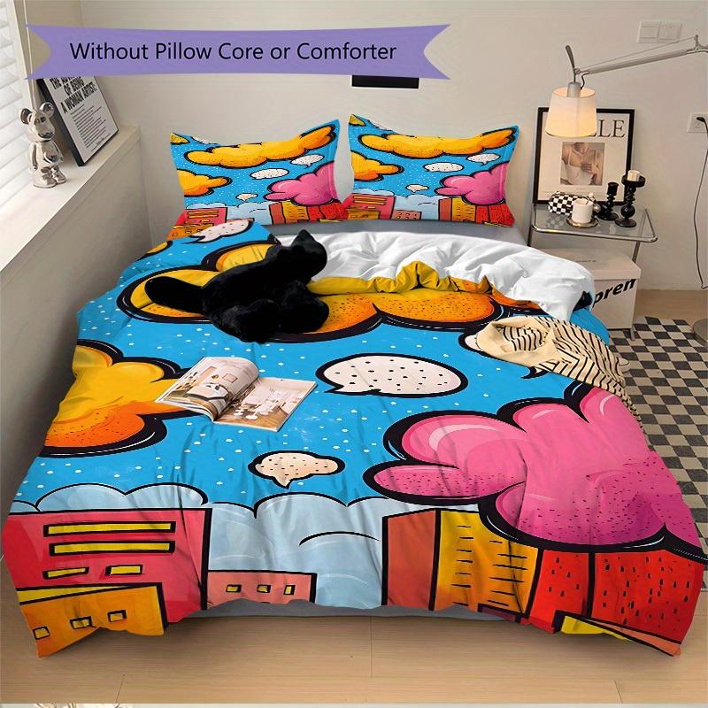3Pcs Comic Book Clouds Printed Bedding Set, Breathable And Soft, Machine Washable, Christmas Gift, Suitable for Bedroom Decoration, 15200