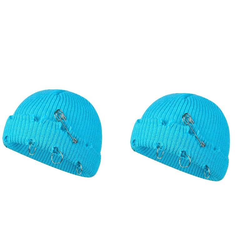 Women Girls Y2k Gothic Beanie Winter Knit Hats Trendy Metal Rings Pin Hip Hop Streetwear Harajuku Skull Cap Emo Scene Grunge