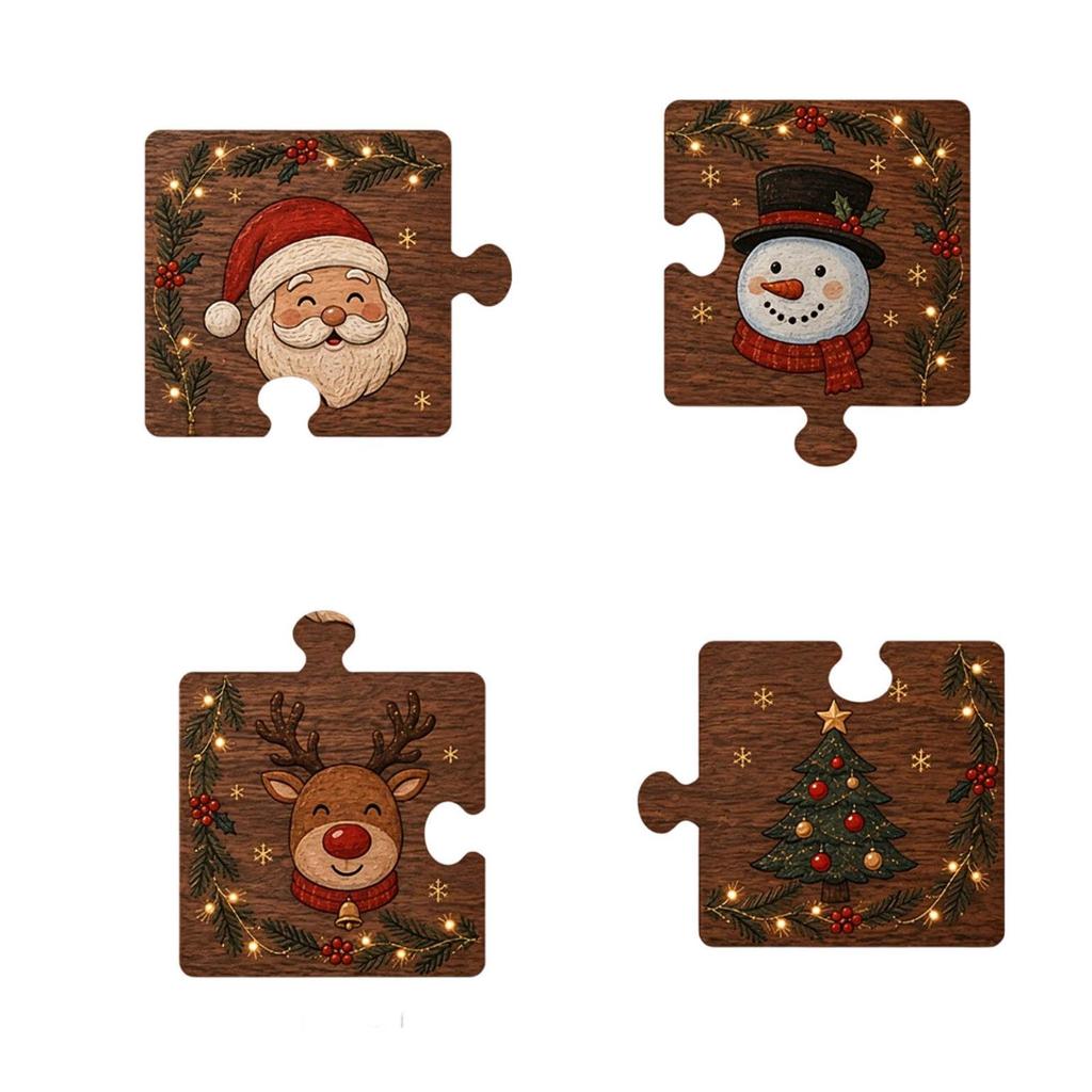 4 Pack Christmas Wooden with Santa Snowman Tree and Puzzle Design Holiday Decor