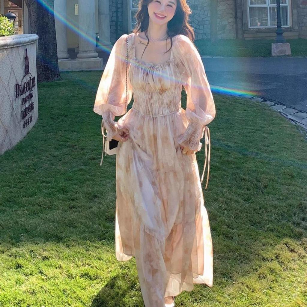 Gentle Fairy Chic Floral Midi Dress for Women - Square Neck, Youthful Mori Style, Vacation Ready.