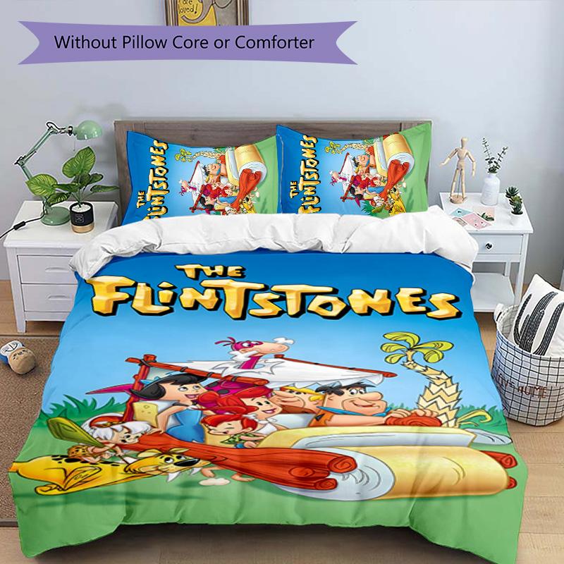 Flintstones 3pcs Bedding Set Duvet Cover Closure Includes 1 Duvet Cover & 2 Pillowcases for All Seasons Bedroom Home Dorm Decor