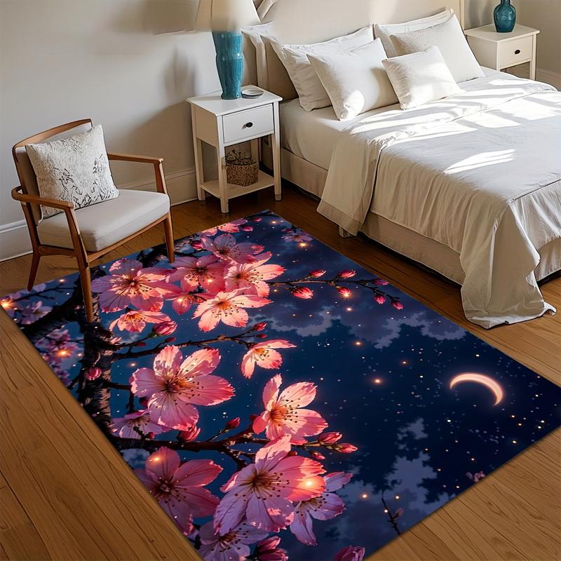 

Romantic Cherry Blossom Area Rug Night Sky Moon Print Non Slip Washable Carpet for Living Room Bedroom Yoga Dreamy Home Decor 40x60CM