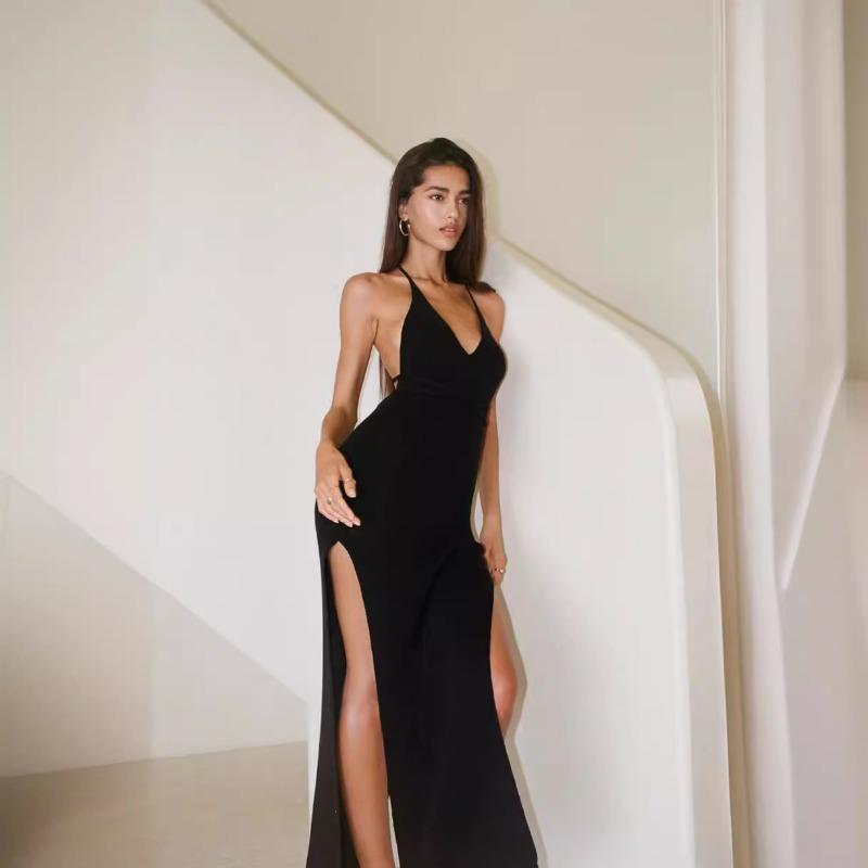 

Летний новый стиль двустороннее платье-сарафан с высоким разрезом для пляжного отдыха с красивой спиной, вязаное платье L чёрный