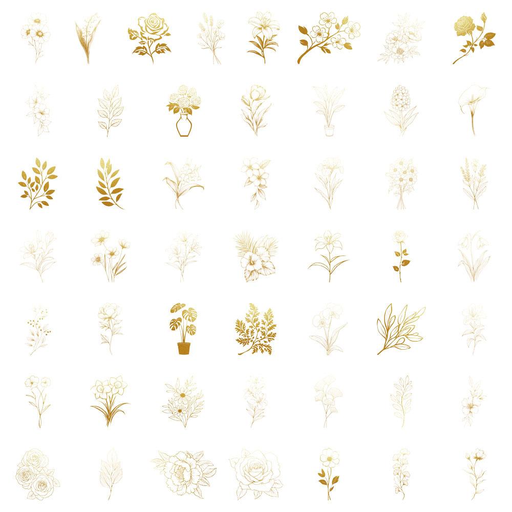 

50pcs/set Transparent Floral Stickers - Self-Adhesive, Elegant Golden Botanical Decorations,No Residue,for Scrapbooking, Journal
