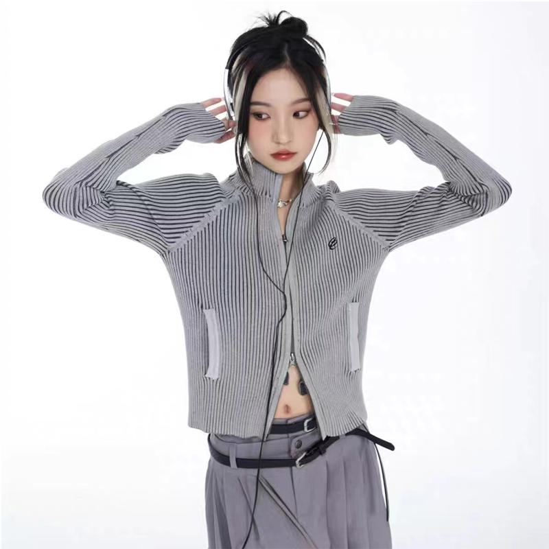 

Винтажный кардиган на молнии, женский кардиган с вышивкой Y2K, эстетический свитер в стиле гранж, женские тонкие вязаные пальто Femme S серый