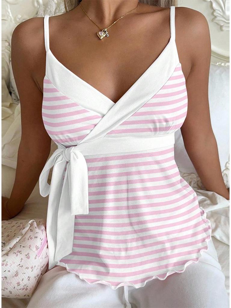 2026 V-Neck Waist-Cinching Ruffled Camisole for Women - European/American Style, Slimming Sleeveless Top