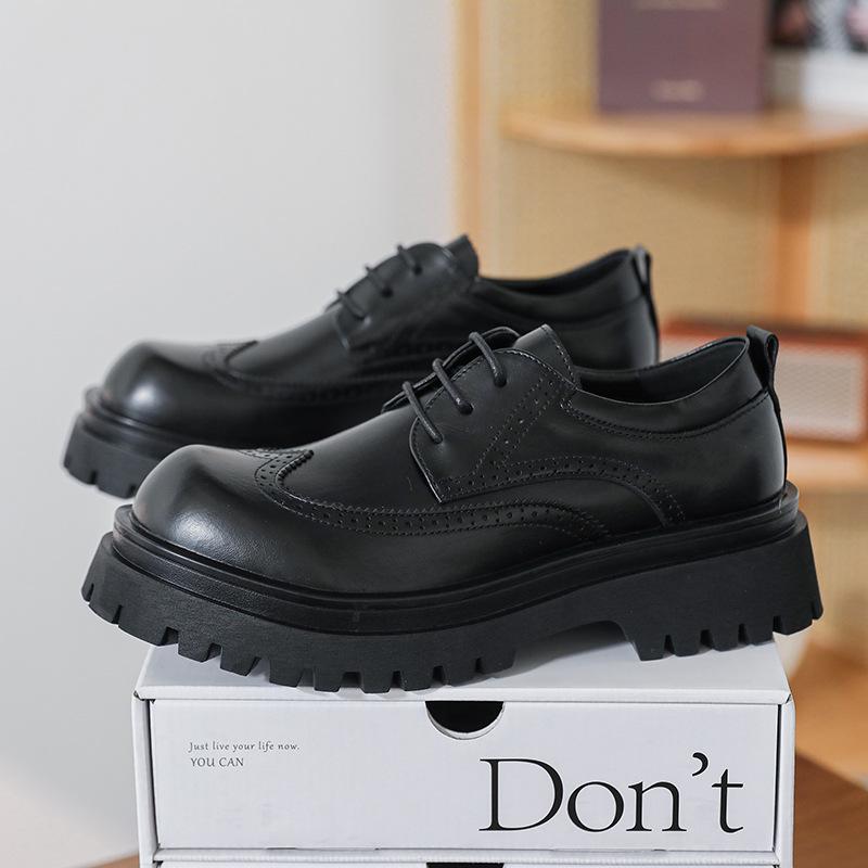 Men's Black Leather Derby Shoes with Thick Sole for Height Increase - British-Style Formal Brogue Round Toe for Weddings and Business.
