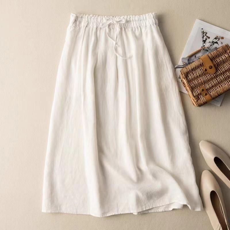 Women's Retro A-line Cotton Skirt with Tie & Elastic Waist