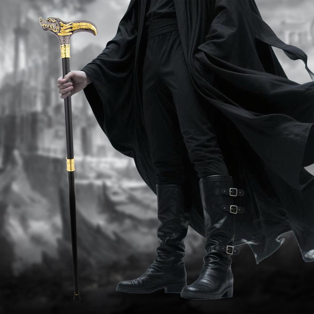 Golden Black Dragon Head Walking Cane Fashion Decorative Steel Stick Gentleman Elegant Cosplay Cane Knob Crosier Cane 93cm