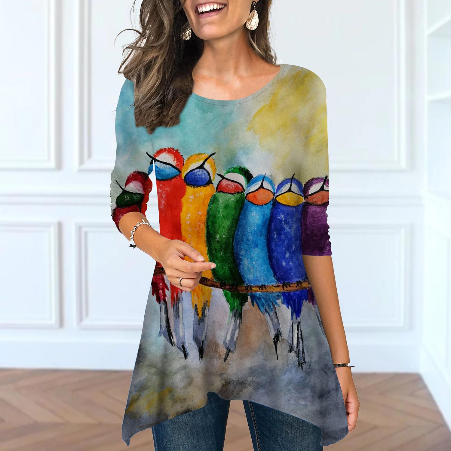 

Женские весенние топы с круглым вырезом и принтом «сорока», модные футболки с длинными рукавами и неровным подолом 8XL разноцветный