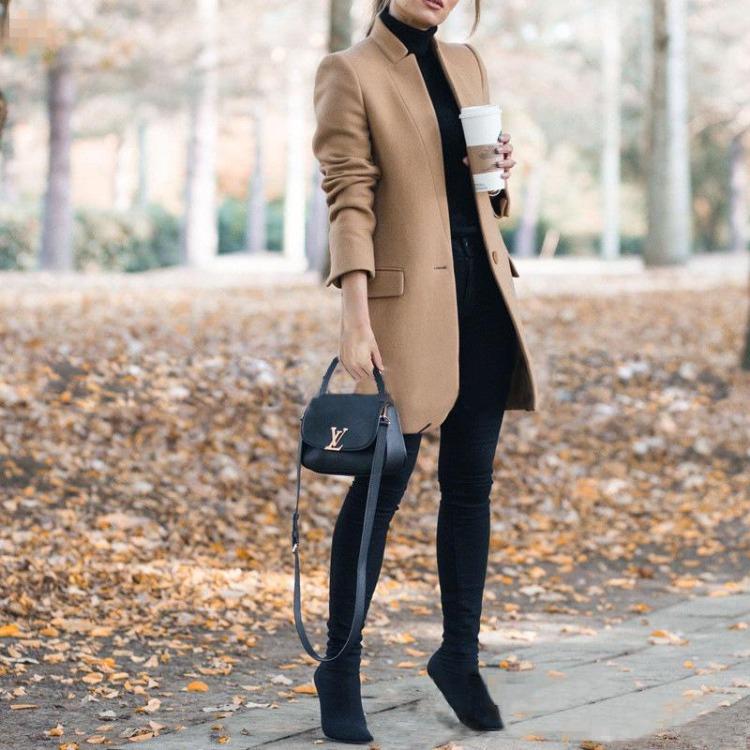 Women's Slim Woolen Coat Stand Up Collar European American Style 2020