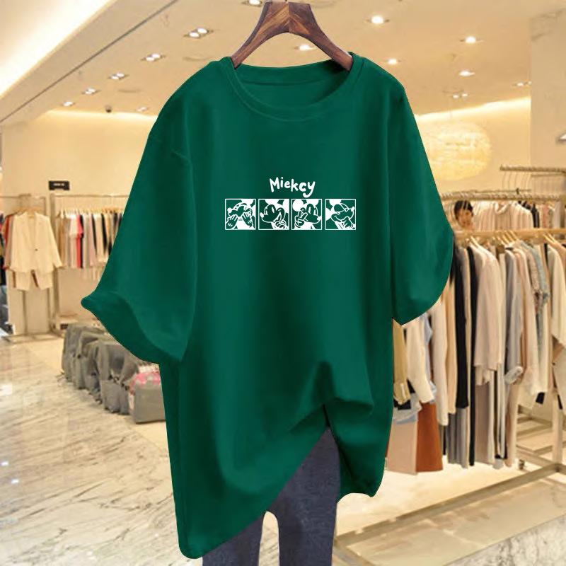 Women's Summer Retro Cotton Print Tee - Loose Fit, Mid-Length, Short Sleeve