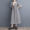 Real shot summer new literary loose cotton and linen plaid square neck short-sleeved dress women's medium and long
