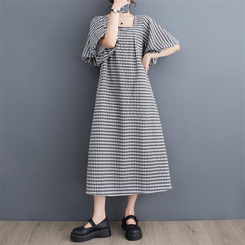 Real shot summer new literary loose cotton and linen plaid square neck short-sleeved dress women's medium and long