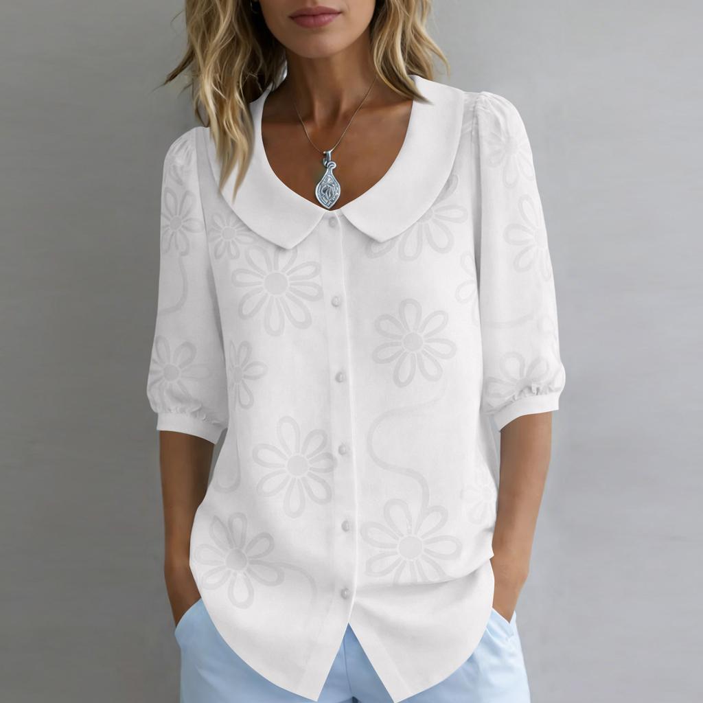 Camicia Casual da Donna con Ricami e Collo a Bambola