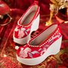 Woman's Wedges Embroidered Red Wedding Shoe Thick Sole Non Slip Shallow Slip On String Bead Ethnic Style High Heel Hanfu Shoes