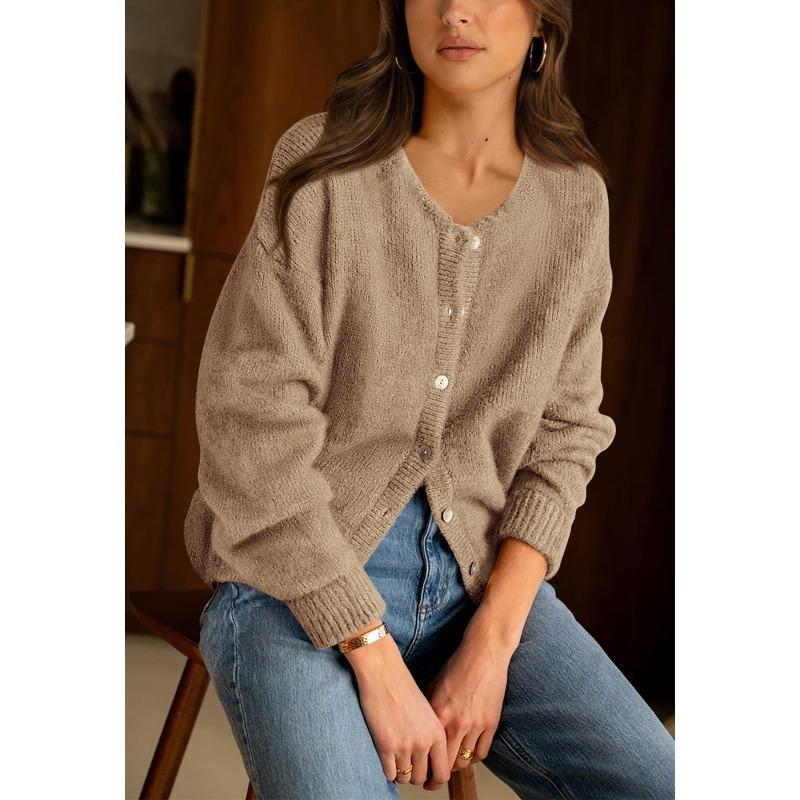 Women S Loose Solid Color Button Knit Cardigan Long Sleeve Sweater Coat